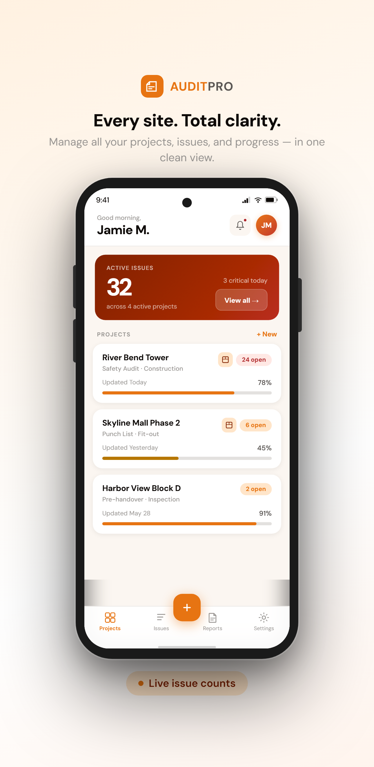 AuditPro real-time project dashboard — field audit app on phone