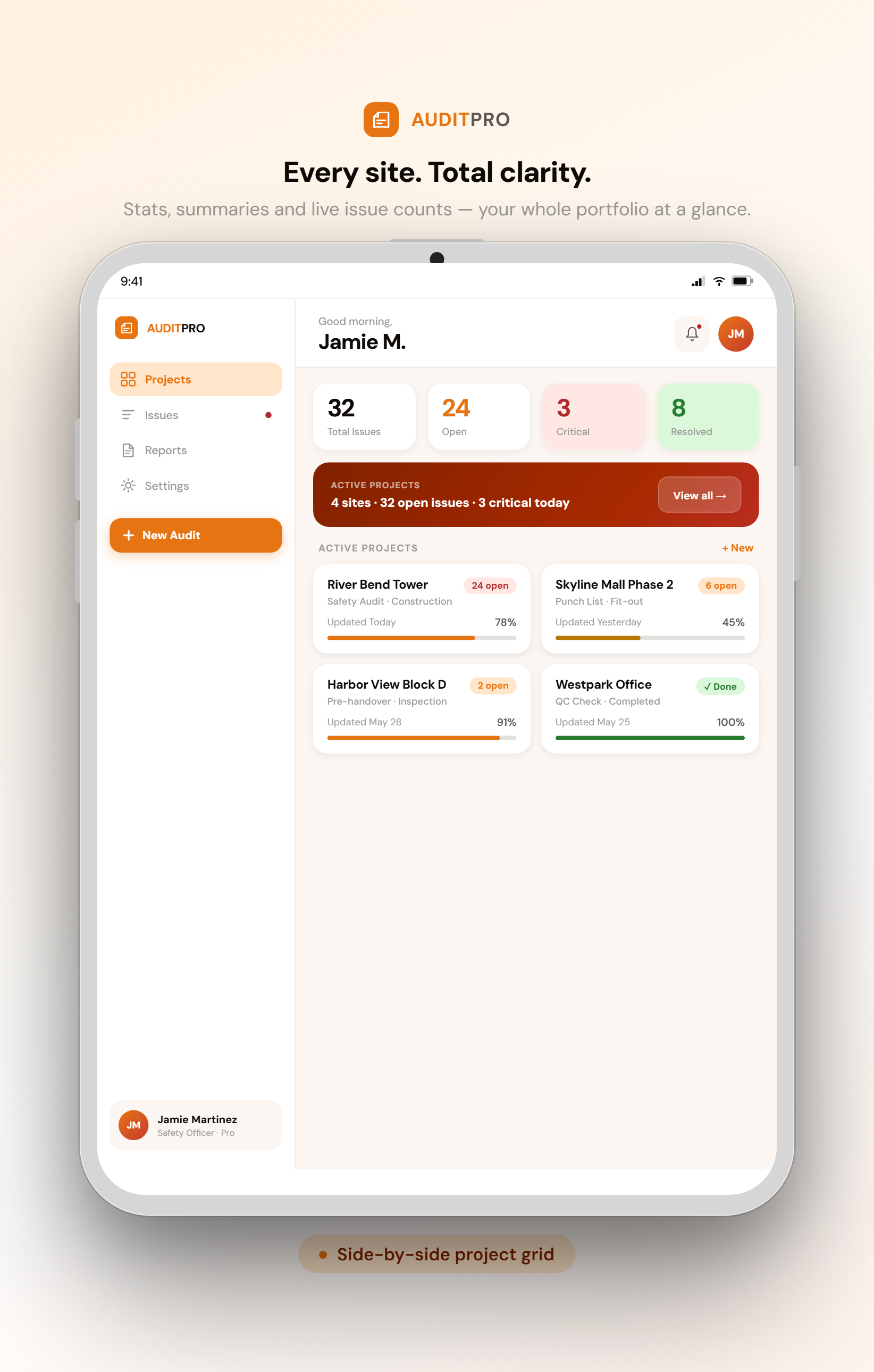 AuditPro real-time project dashboard — site inspection app on tablet